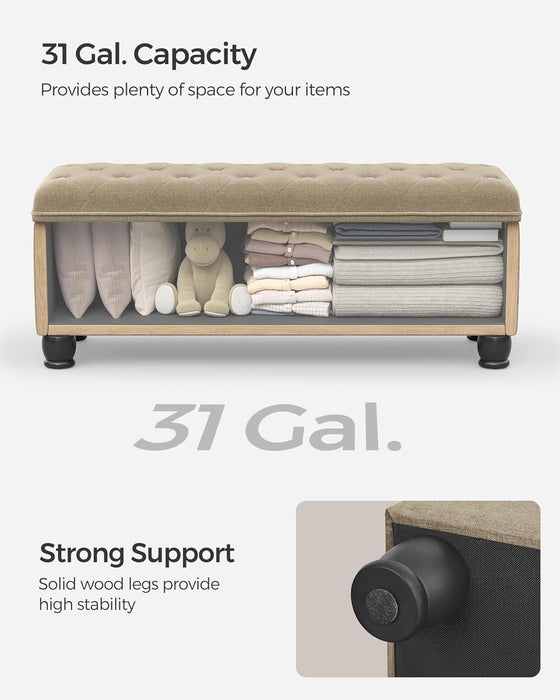 Storage Ottoman, Storage Bench, Tufted Entryway Bedroom Bench, 17.7 X 46.5 X 17.7 Inches, Hinges Easy Lid Operation, Wooden Legs, Linen-Look Cover, Loads 330 Lb, Camel Brown ULOM070K01