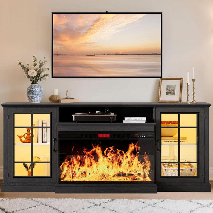 80" Fireplace TV Stand with 3-Sided Glass, TV Cabinet for Tvs up to 90", Modern Media Entertainment Center with Farmhouse Glass Door Storage Cabinets, for Living Room, Black