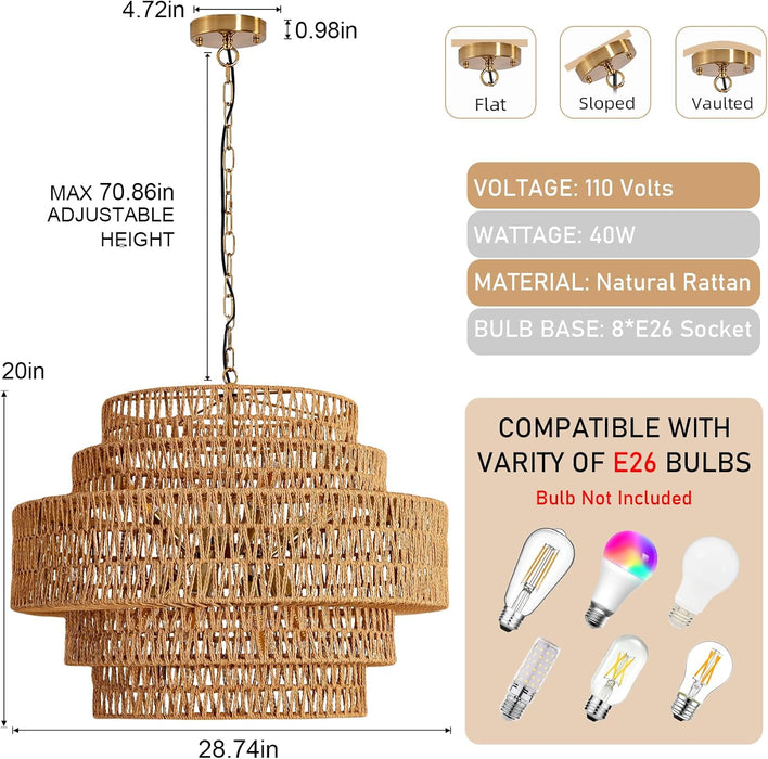 28.7In Large Rattan Chandelier 8-Light Gold Boho Rattan Chandelier