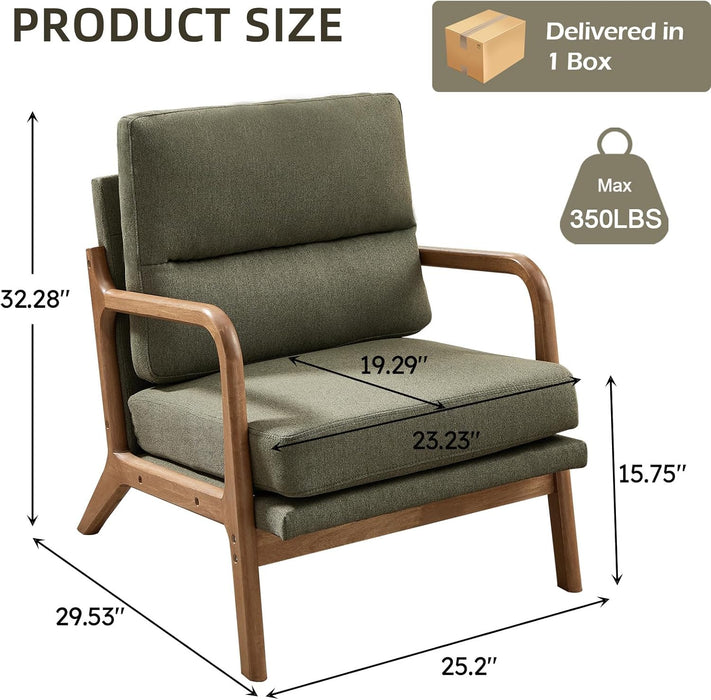 Mid Century Modern Accent Chair, Linen Fabric Upholstered Lounge Arm Chair with Solid Wood Frame and Soft Cushion for Living Room, Bedroom, Balcony (1, Green)