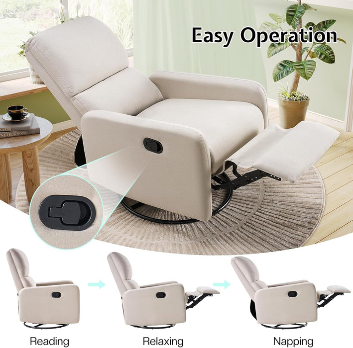 Swivel Rocking Chair, Nursery Glider Recliner Chairs for Adults, Rocker for Living Room Bedroom, Comfy Upholstered Modern Nursing Reclining Single Sofa, Beige Linen