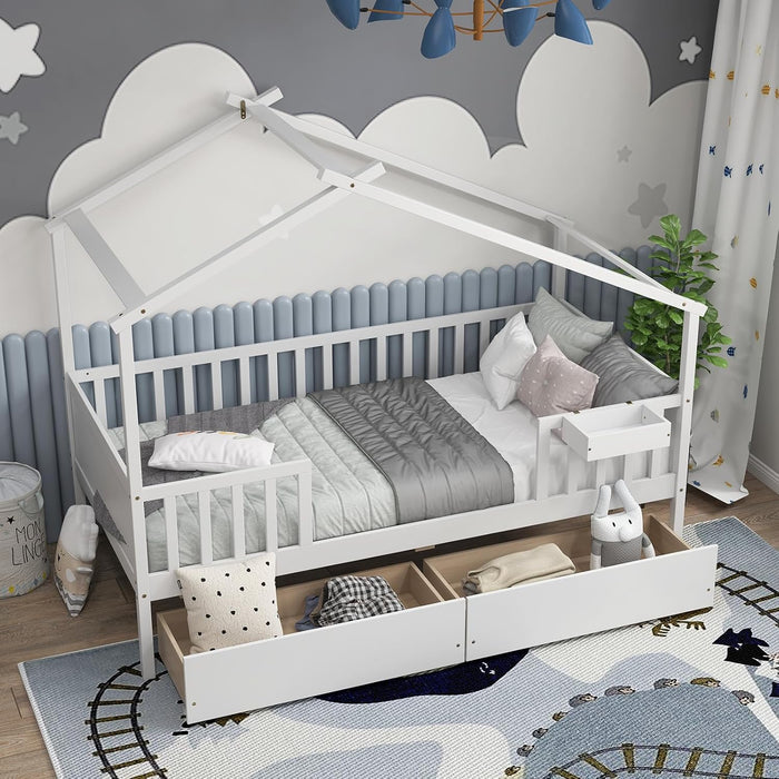 Twin House Bed White With IntegratedStorage Drawers