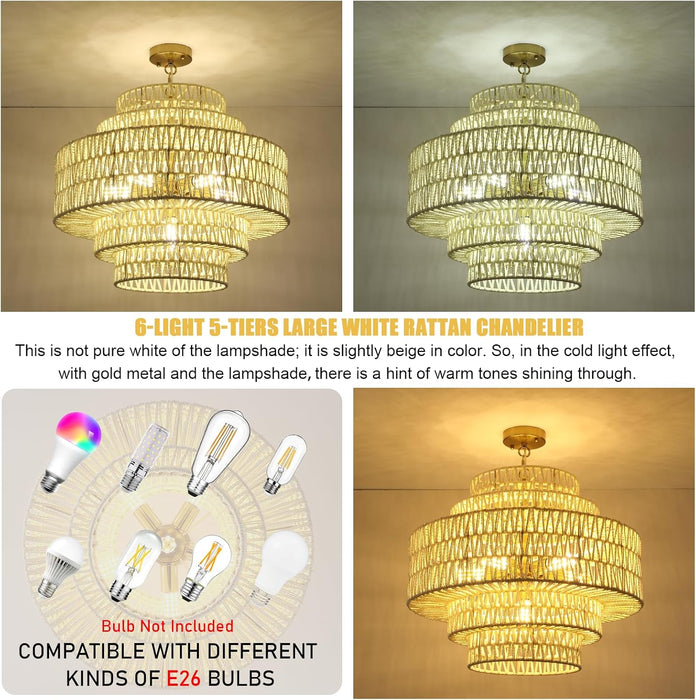 23.62In Large White Rattan Chandeliers Light Dining Room 6-Light