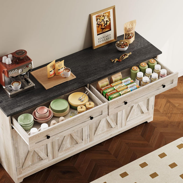 Buffet Cabinet with Storage, Sideboard Cabinet with Drawers & Doors | 2 Drawers, 4 Doors and 2 Adjustable Shelves. 59Inch Wide. Fsc-Certified Wood. Anti-Tip Device. Charcoal Grey and Beige Maple.