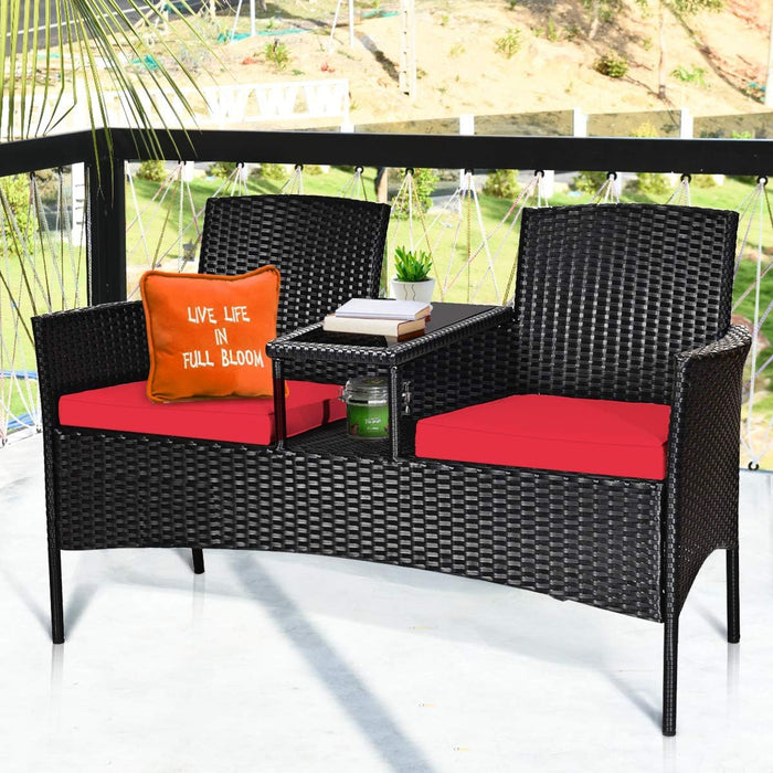 Wicker Patio Conversation Furniture Set, Outdoor Furniture Set with Removable Cushions & Table, Tempered Glass Top, Modern Rattan Bench for Garden Lawn Backyard