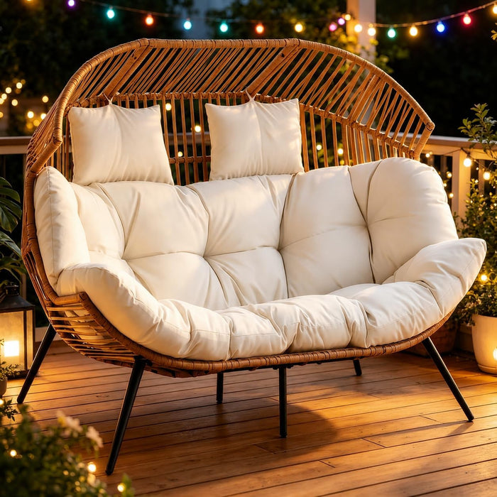 Double Egg Chair Wicker Outdoor Chairs, 2 Person Oversized Patio Loveseat Lounge Chair with Cushion, Indoor Living Room Bedroom outside Patio Backyard Balcony Leisure Chair, Creamy White