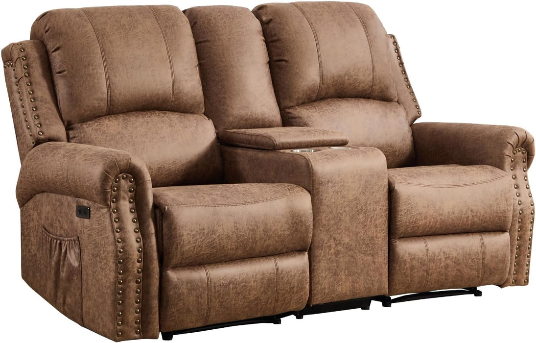 Power Reclining Loveseat, Faux Leather Double Recliner Sofa with Side Pocket, Center Console, Hidden Storage & Cup Holders, Vintage Rivet Mid-Century Modern Design for Living Room, Nut Brown