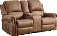 Power Reclining Loveseat, Faux Leather Double Recliner Sofa with Side Pocket, Center Console, Hidden Storage & Cup Holders, Vintage Rivet Mid-Century Modern Design for Living Room, Nut Brown