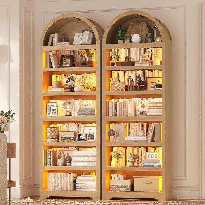 79.4" Tall Arched Cabinet,Bookcase with Storage,Mid-Century Modern 7-Tier Bookshelf with RGB Light,2 Book Risers,Adjustable Shelf Offering More Space for Living Room,Kitchen,Home Office(Oak)