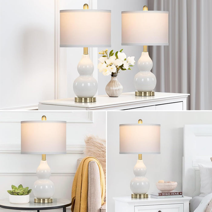 Double Gourd Ceramic Table Lamps Set of 2, Modern White Bedside Lamps for Night Stand, Contemporary Nightstand Lamps for Bedroom Living Room (Bulb Included)
