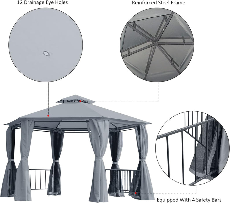 13' X 13' Patio Gazebo, Double Roof Hexagon Outdoor Gazebo Canopy Shelter with Netting & Curtains, Solid Steel Frame for Garden, Lawn, Backyard and Deck, Gray