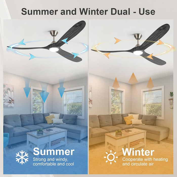 70 Inch Large Ceiling Fan with Light Remote, 3 Grey Wood Blades