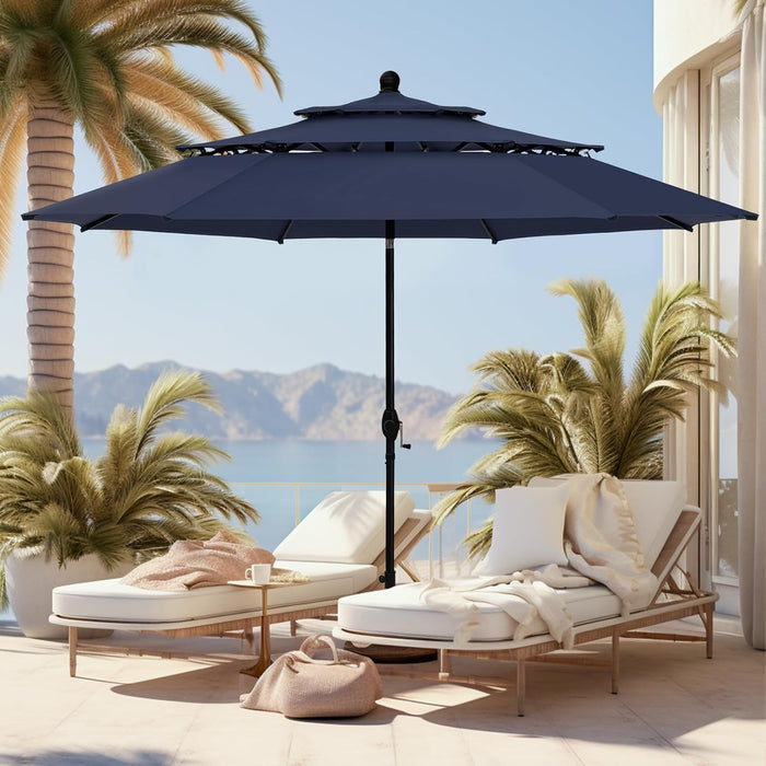 10Ft Outdoor Patio Umbrella, [Auto-Tilting] 3 Tiers Market Table Umbrellas with 1.5" Pole, 8 Sturdy Ribs, 3-Year-Non-Fading for Garden Deck Pool Backyard, Navy Blue