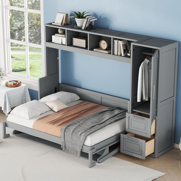 FullSize Murphy Wall Bed BuiltInCloset Drawers Gray