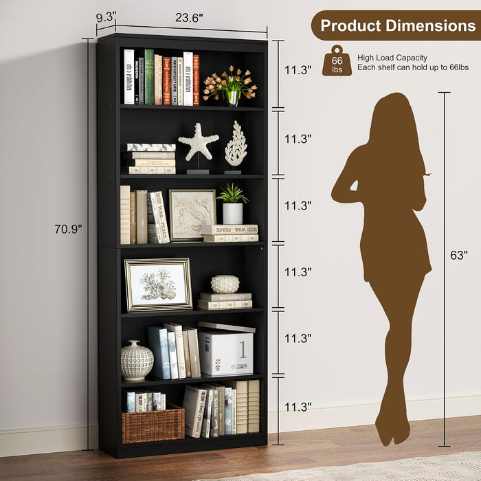 6-Tier Bookshelf, Tall Bookcase & Display Storage Shelves, Black