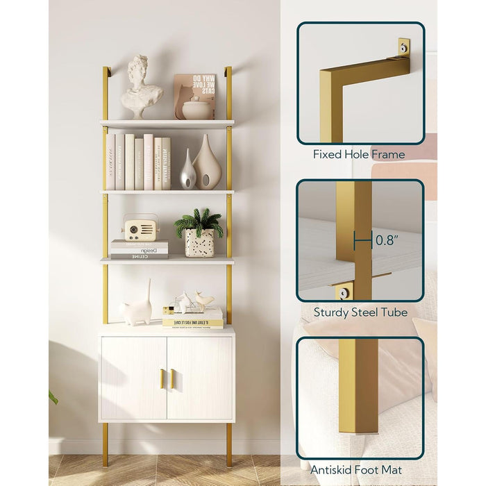 73" Tall Bookshelf with Cabinet, Industrial Ladder Wall Mount Shelf Bookcase with Wood and Metal Frame, Plant Shelf Wall Storage Display for Living Room Bedroom, White Gold