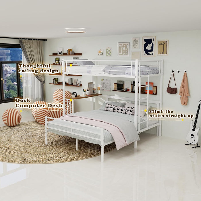 L-Shaped Twin over Full Bunk Bed with Desk, Heavy Duty Metal Loft Bed Frame with Ladder and Safety Guardrails, Space Saving Furniture for Kids, Teens, Bedroom, Dorm and Apartment, (White)
