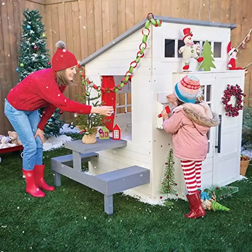 Outdoor Wooden Playhouse with Picnic Table Mailbox Grill White UV Treated Homey Touches BBQ Grill Picnic Table Indoor Sink Easy