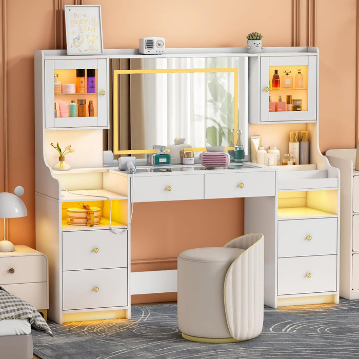 62" Large White Vanity Desk with Glass Top, Makeup Vanity with Mirror and LED Lights, One Piece Controls 3 Lighting Modes, 4 Drawers Vanity with 2 Cabinets and Power Outlet for Women, Girls