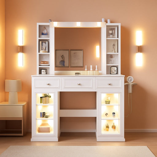 White Vanity Desk with Mirror and Lights, Glass Top Vanity with Lighted Mirror & RGB Glass Cabinet and 3 Drawers, Makeup Vanity Desk with Lights Dressing Table for Bedroom, 3 Color Modes