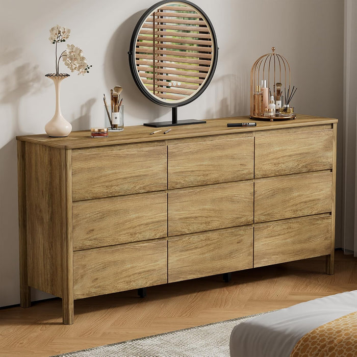 63" Wide 9 Drawer Wood Dresser for Bedroom with Legs, Natural Oak