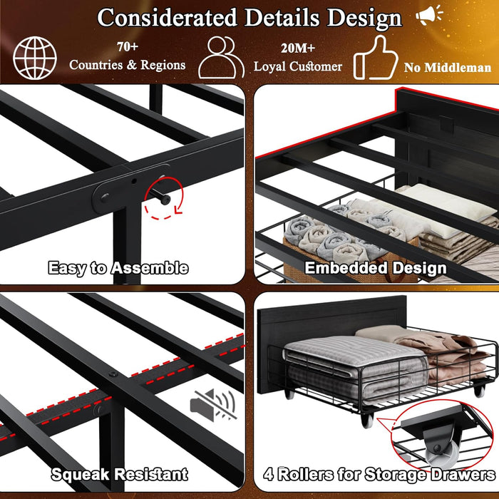Queen Bed Frame with Storage Headboard, Farmhouse Platform Bed Frame with Bookshelf, Drawers, LED Lights and Charging Station, Metal Slats Support, Noise Free, No Box Spring Needed, Black