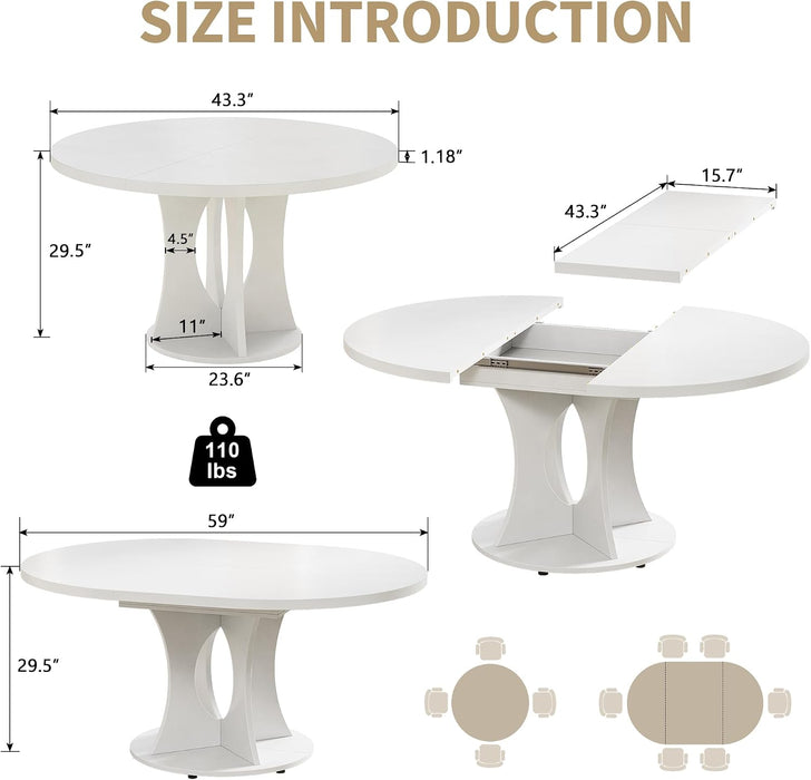 43-59" Expandable round Dining Table, Kitchen Table with Hidden Storage | Space Saving White Modern Design, Solid Pedestal Base for Dining Room & Small Apartments, Wood Table, Easy Assembly