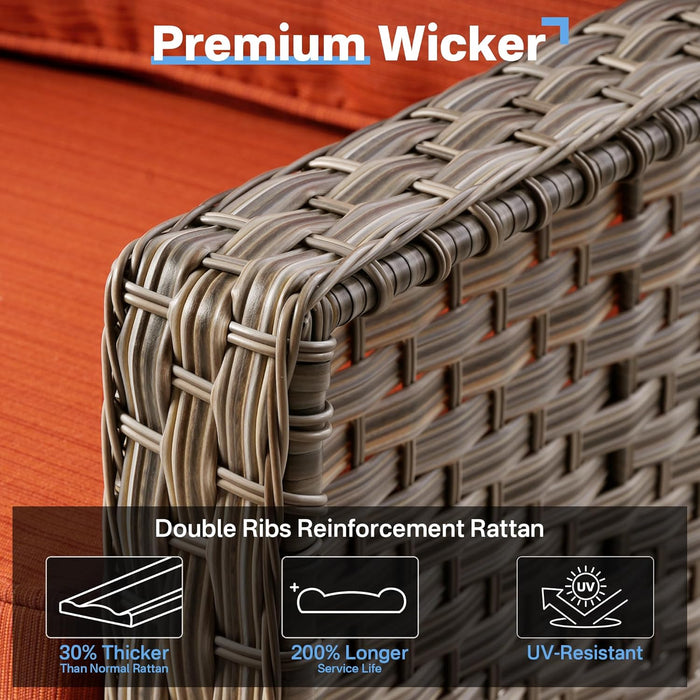 Outdoor 5 Pieces Coversation Set with 42" Fire Pit Table, Patio Furniture High Back Couch with Swivel Rocking Chair, Rattan Wicker 3-Seater Sofa for Porch Balcony Backyard,Orange