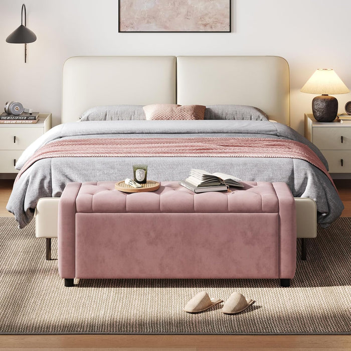 50 Inches Wide Storage Ottoman Bench, Upholstered Foot Rest Stool, Long Bench Footstool, Couch Ottoman, Ottomans for Living Room, Entryway, End of Bed Storage Bench for Bedroom (Pink)
