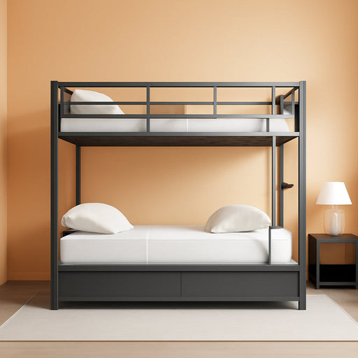 Metal Bunk Bed Twin over Twin with USB Charging Station, LED Bunk Bed with 2 Storage Drawers, Bed with Safety Guardrail & Ladders, No Box Spring Needed, Easy Assembly, Grey