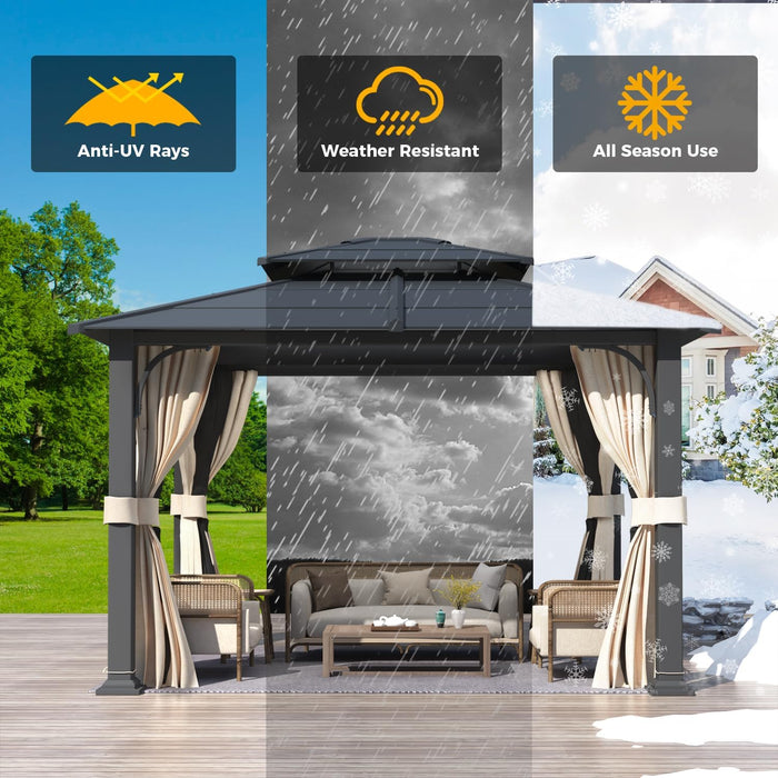 10'X12' Gazebo with Galvanized Steel Roof, Hardtop Double Roof with Anti-Rust Coating, Outdoor Gazebos with Curtains and Netting, Sunshade for Gardens, Lawns, Deck