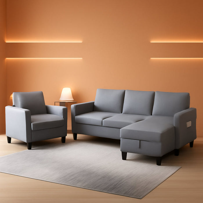 Convertible Sofa Set | Linen Upholstered Sectional Sofa with Storage Ottoman | Modern Living Room Couch with Side Pockets (Light Grey)