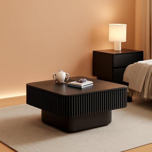 31.5 Inch Square Drum Coffee Table with Storage, Modern Handcraft Fluted Drum Coffee Table, Wooden Square Center Table Cocktail Tea Table with Sturdy Pedestal for Living Room Apartment (Black)