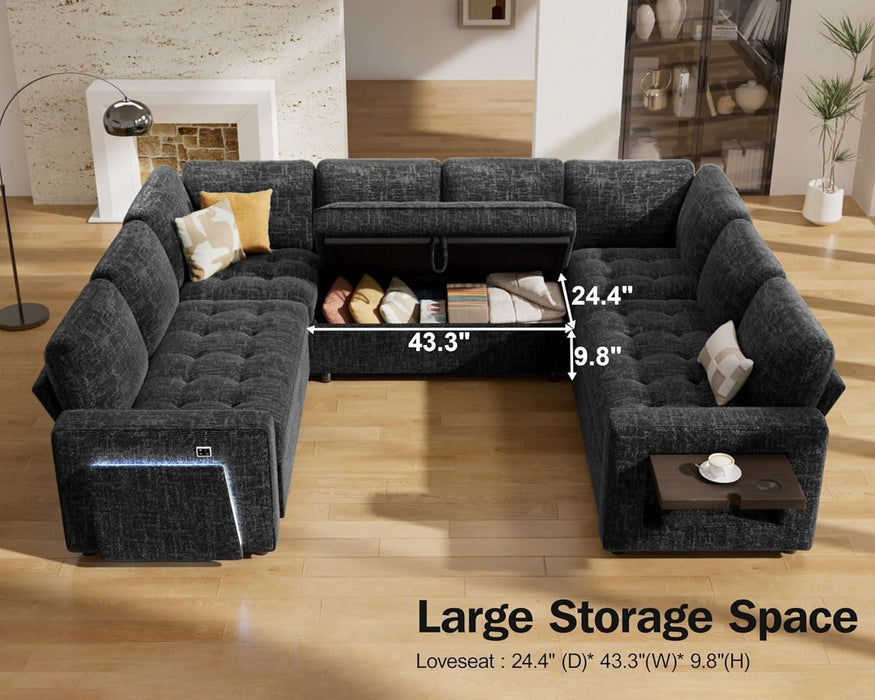 8 Seat U Shaped Modular Sectional Sleeper Sofa with Pull Out Bed/Reclining Backrest/Usb Ports/Table/Led Light/Storage Seat, Sectional Sleeper Couch, Tool-Free Assembly, Chenille Black