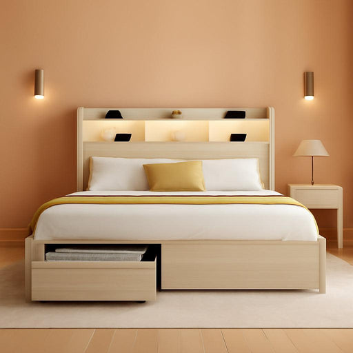 King Size Bed Frame with Bookcase Headboard and 4 Storage Drawers, RGB LED Bed Frame with Type-C & USB Charging Station Storage Headboard Bed, No Box Spring Needed, Noise Free, Antique White