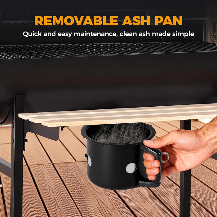 Barrel Charcoal Grill with Foldable Front Wood Shelf, 686 Sq.In. Cooking Area Outdoor Bbq Grill, Thermometer and Adjustable Air Vents for Backyard, Patio, Parties, Tailgating, Black