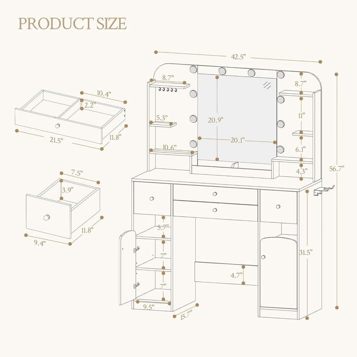 42.5" Large Vanity Desk，Dressing Table with Mirror and LED Light, Power Strip, 4 Drawers, 2 Open Storage Cabinets, and Jewelry Storage for Bedrooms, White