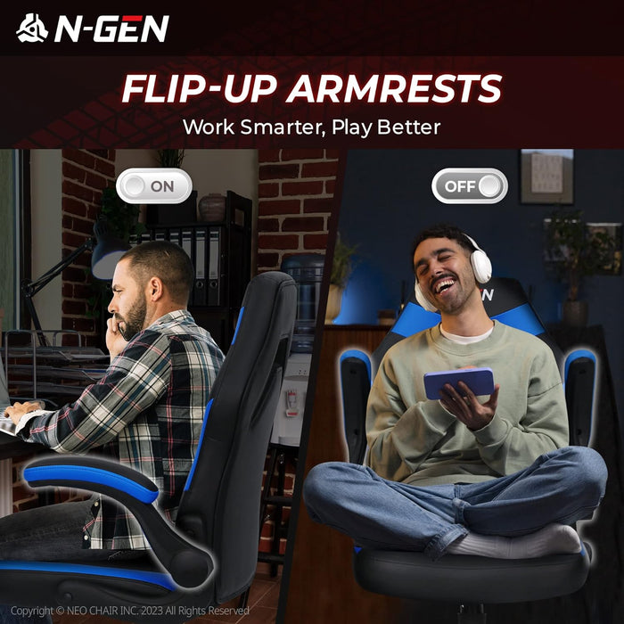 N-GEN Video Gaming Computer Chair Ergonomic Office Chair Desk Chair with Lumbar Support Flip up Arms Adjustable Height Swivel PU Leather Executive with Wheels for Adults Women Men (Blue)