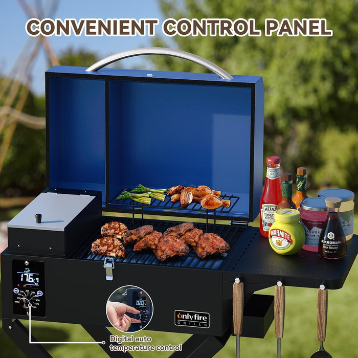 BBQ Wood Pellet Grill Smoker with Foldable Cart, Meat Probe, 2 Tiers Cooking Area, Portable Smoking Grilling Stove for Outdoor Patio Cooking, RV Camping Tailgating, Blue GS342