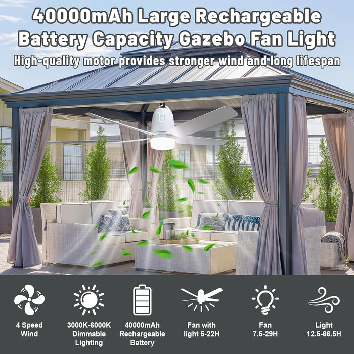 Gazebo Outdoor Ceiling Fan Light 31.5'', 40000Mah Large Portable Ceiling Fan with Remote and Hanging Hook, 4 Wind Speeds, 3000K-6500K Dimmable Canopy Fan Light for Patios, Pop up Tent, Camping