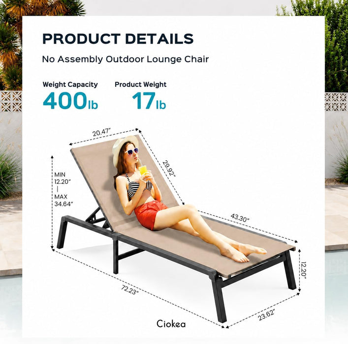 Foldable Outdoor Lounge Chair, No Assembly Patio Chaise Lounge Outdoor with 5-Positions, Aluminum Pool Lounge Chair with Portable Design for Pool, Deck, Beach, Backyard, Beige