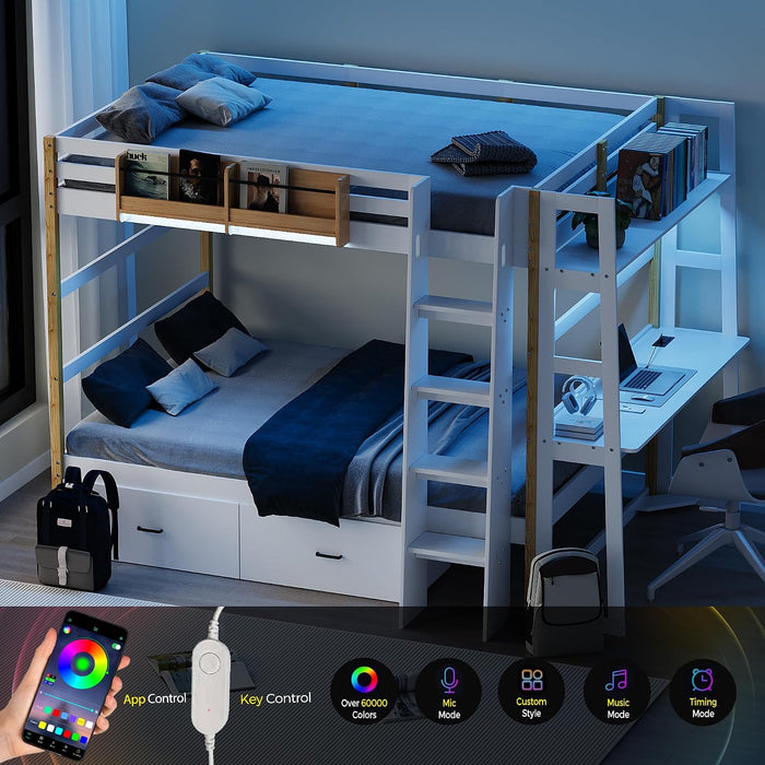 Wooden Twin over Twin Bunk Bed with Desk, Charging Station and LED Lights, Convertible Solid Wood Frame with Ladders and Drawers, Sturdy Wood Bunk Bed for Kids, Space-Saving (Twin over Twin)
