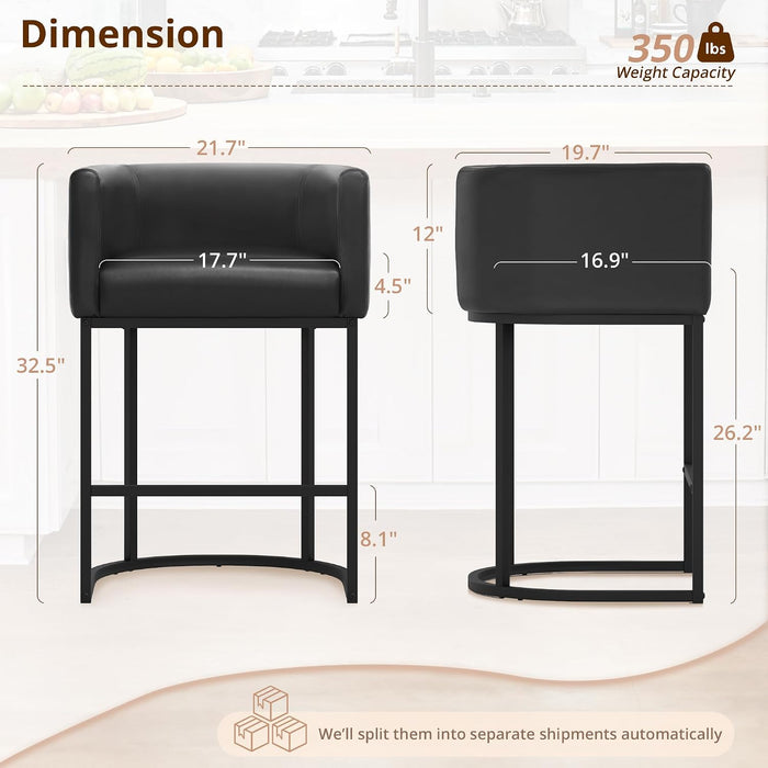 Counter Height Bar Stools Set of 3, Modern Barrel Counter Stools with Backrest and Arms, Black Metal Frames, Faux Leather Upholstered Accent Barstools for Kitchen Island, Black