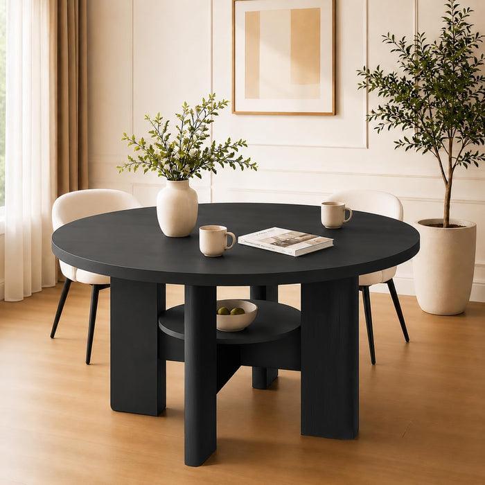 47" round Dining Table for 4-6 People, Modern Wood Kitchen Table with Sculptural Curved Pedestal Base, 1.57" Thick Tabletop, Storage Shelf, Dining Room Table for Apartment,Black Grey