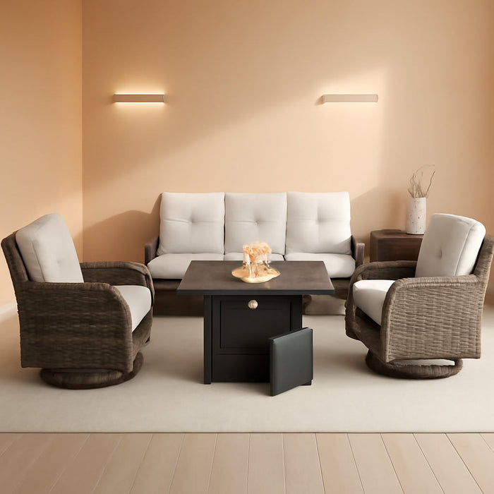 5 Pieces Outdoor Patio Furniture Set with 50000 BTU Propane Fire Pit Table, Deep Seating Wicker Swivel Rocker Chairs and Loveseat Glider Patio Conversation Set for Deck Poolside Backyard Beige