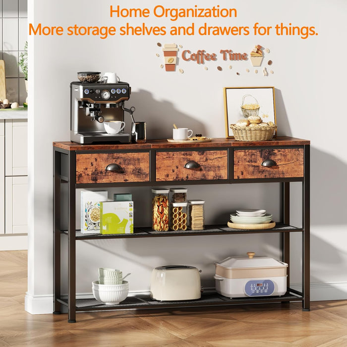 Entryway Table, 38'' Console Sofa Table with 3 Fabric Drawers, Industrial Entry Way Table with Storage Shelves, Display Shelf for Living Room, Hallway, Entrance, Foyer, Rustic Brown