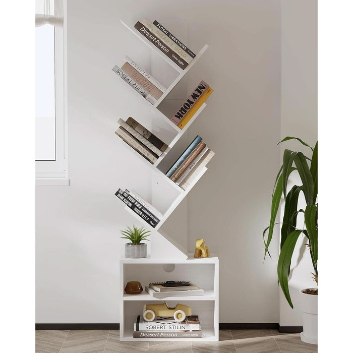 6 Tier Tree Bookshelf, Tall Bookcase with Storage Cabinet, Modern Narrow Bookshelves Organizer, Floor Standing Book Shelf for Bedroom/Living Room/Home Office/Corner, White