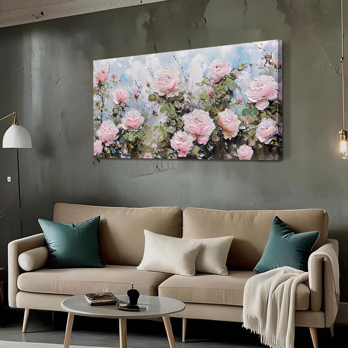Flower Wall Art Canvas Art Wall Decor, Floral Painting Textured Picture Living Room Pink Rose Artwork Large Framed for Bedroom Kitchen Dining Room Home Office Decor 40"X20"