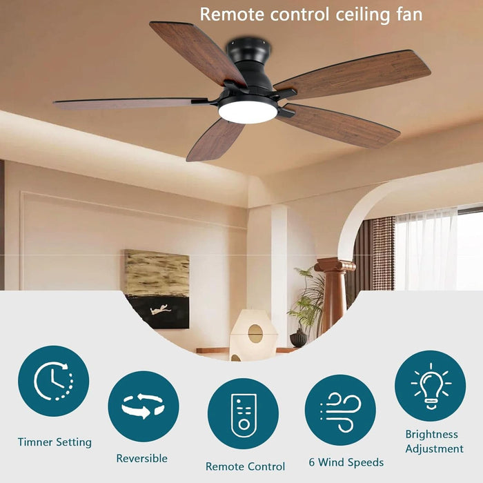 Ceiling Fans with Lights, 52 Inch Low Profile Ceiling Fan with Light and Remote Control, Flush Mount, DC Reversible Motor, Noiseless, Brown 6 Speeds Ceiling Fan for Bedroom