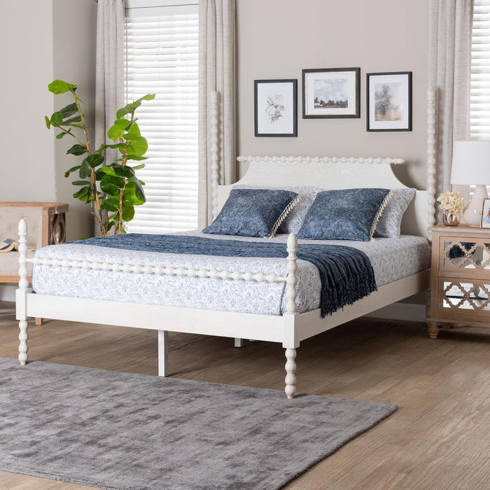 Caliana Bobbin Four-Poster Platform Bed - Wooden Bed Frame with Turned Spindle Posts and Panel Headboard, Vintage-Inspired Bedroom Furniture, White, Queen